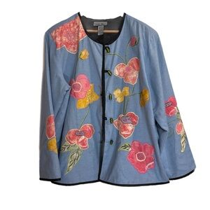 Indigo Moon blue lightweight jacket w/ embroidered floral details